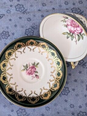 Aynsley Teacup and Saucer Set - Pink Cabbage Rose & Forest Green with Gold Trim
